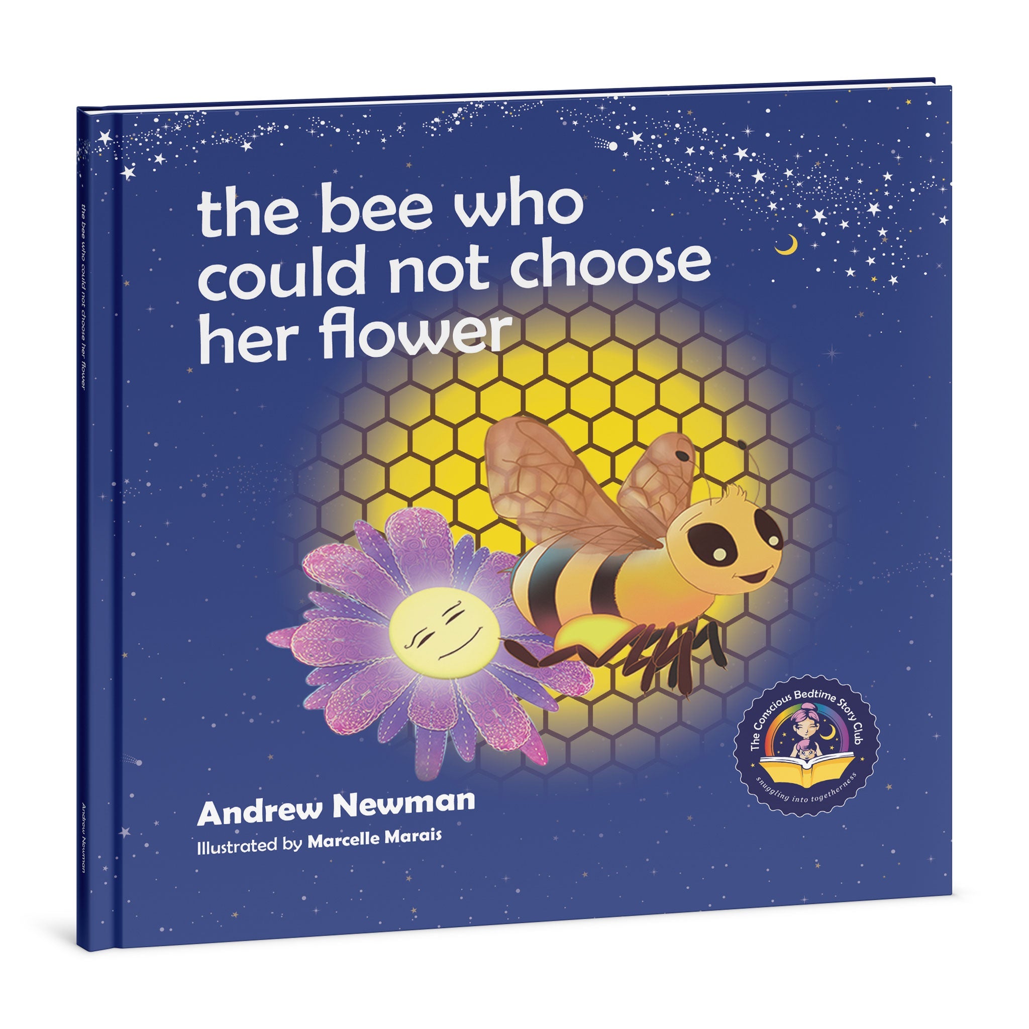 Book cover of 'the bee who could not choose her flower' with a bee and flower illustration on a blue background.