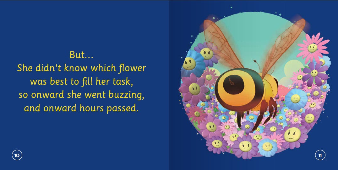 Illustration of a bee surrounded by flowers with text on a blue background