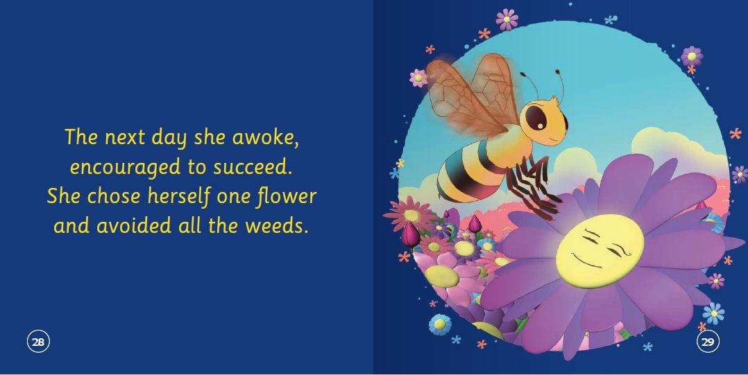 Illustration of a bee on a flower with a blue background and text about encouragement.
