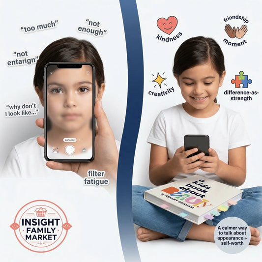 Split image of a child with phone filter fatigue and a happy child using a phone, promoting self-worth, kindness, and creativity.