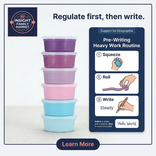 Stacked sensory putty containers with pre-writing heavy work routine for dysgraphia support.