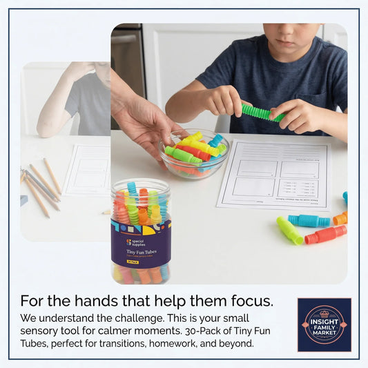 Child using colorful sensory fun tubes at a desk with homework, focus tool for kids