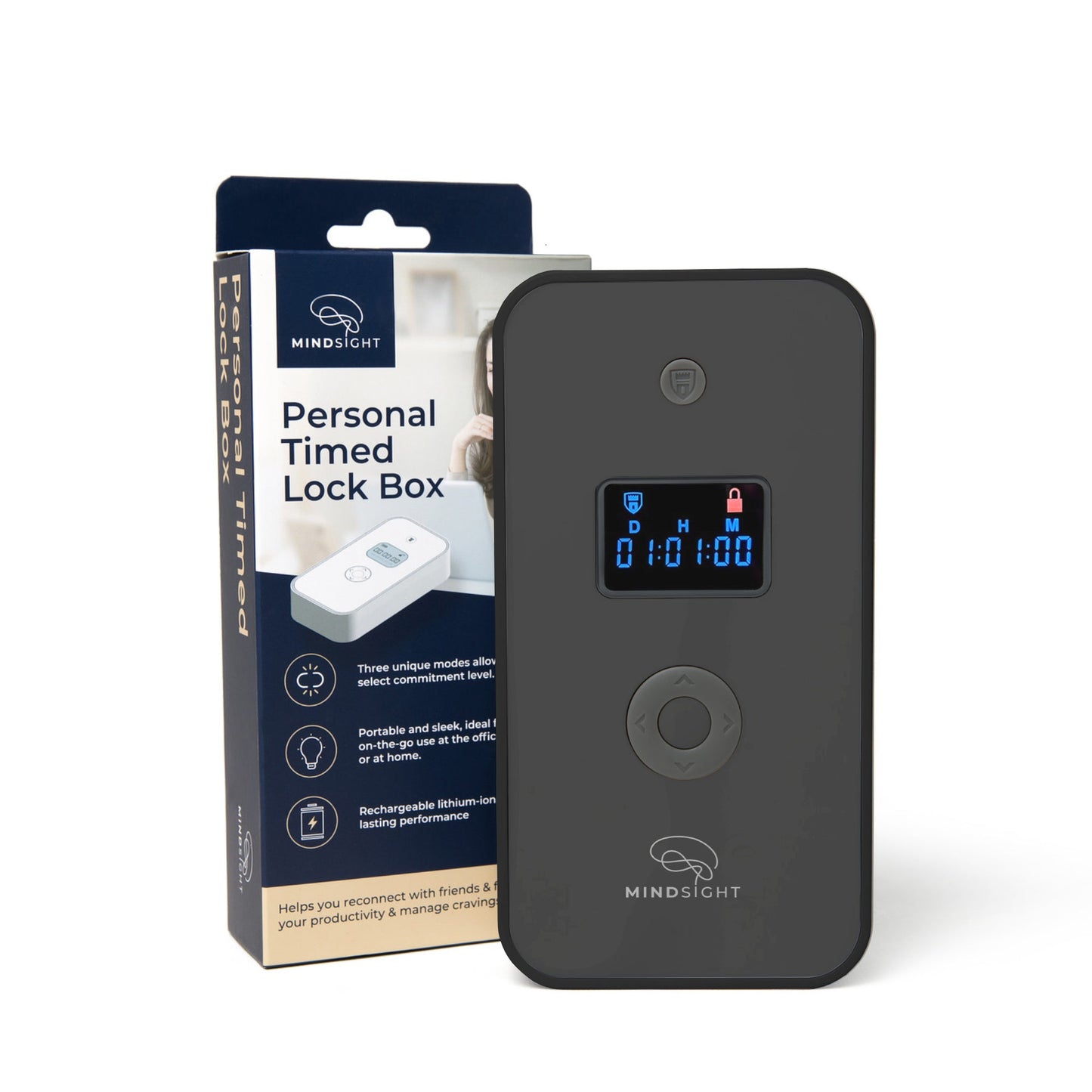 Charcoal personal timed lock box with digital display and packaging, for focus and self-control