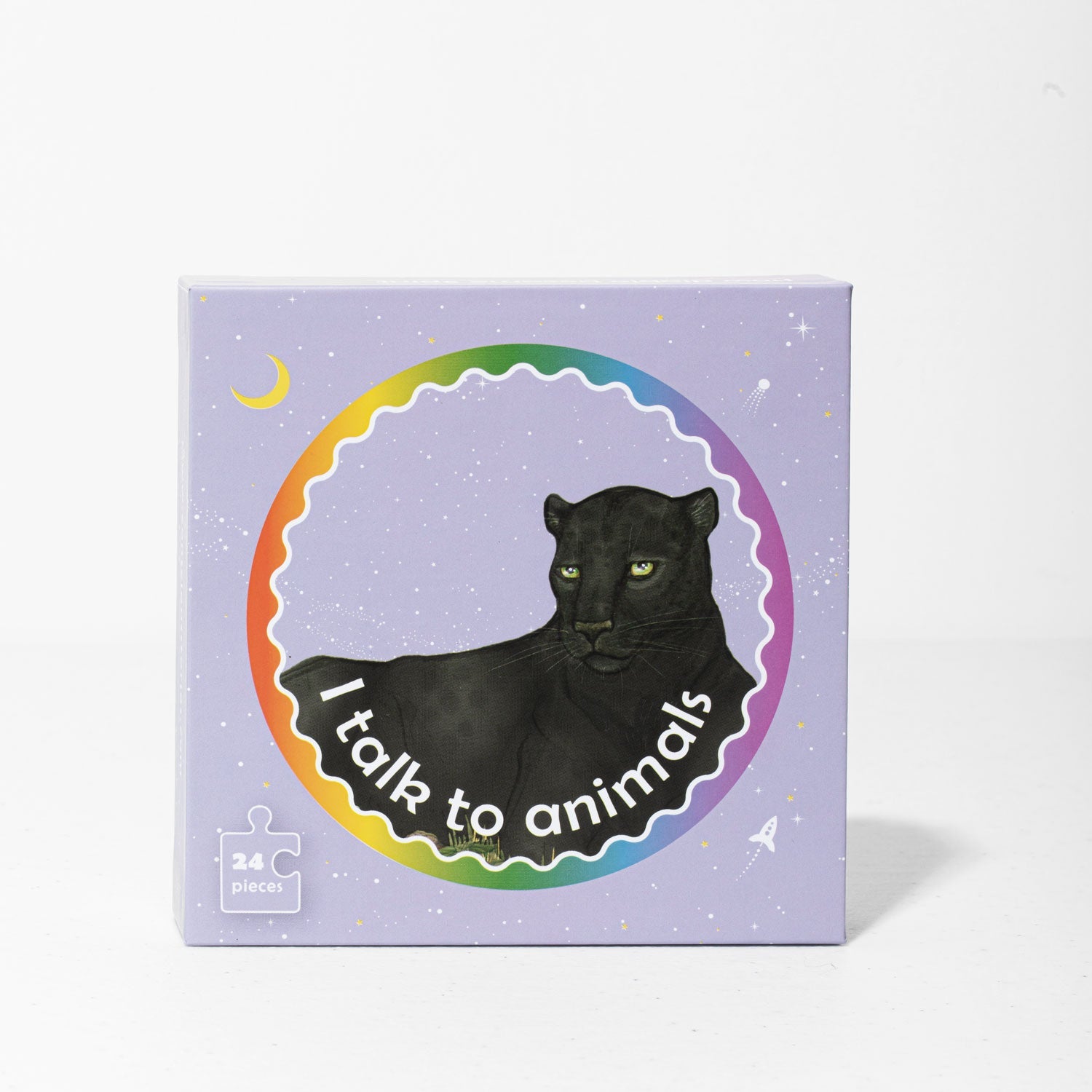 Jigsaw puzzle box with a black panther illustration and 'I talk to animals' text on a purple background.