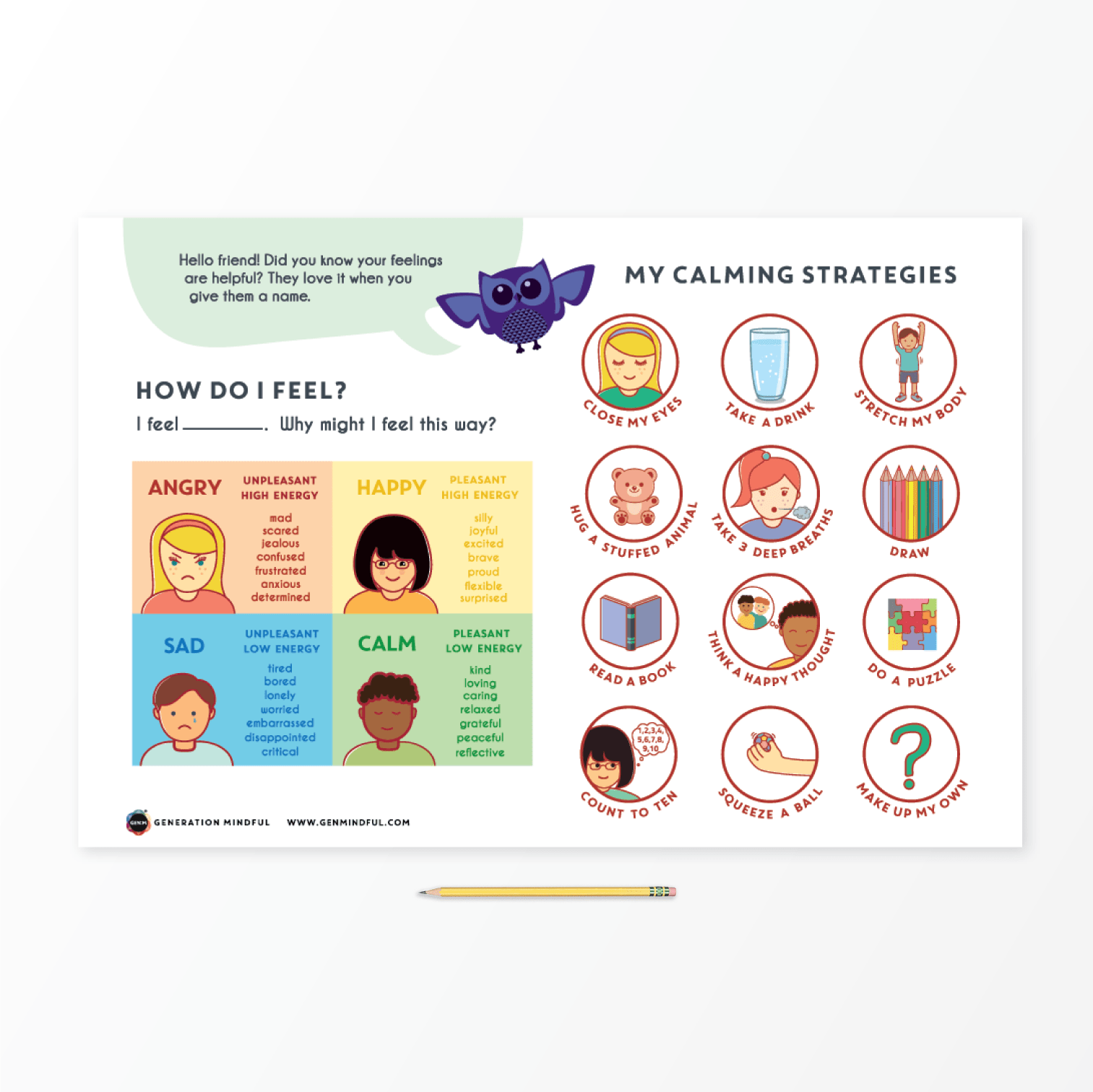 Educational poster about emotions and calming strategies for children on a white background