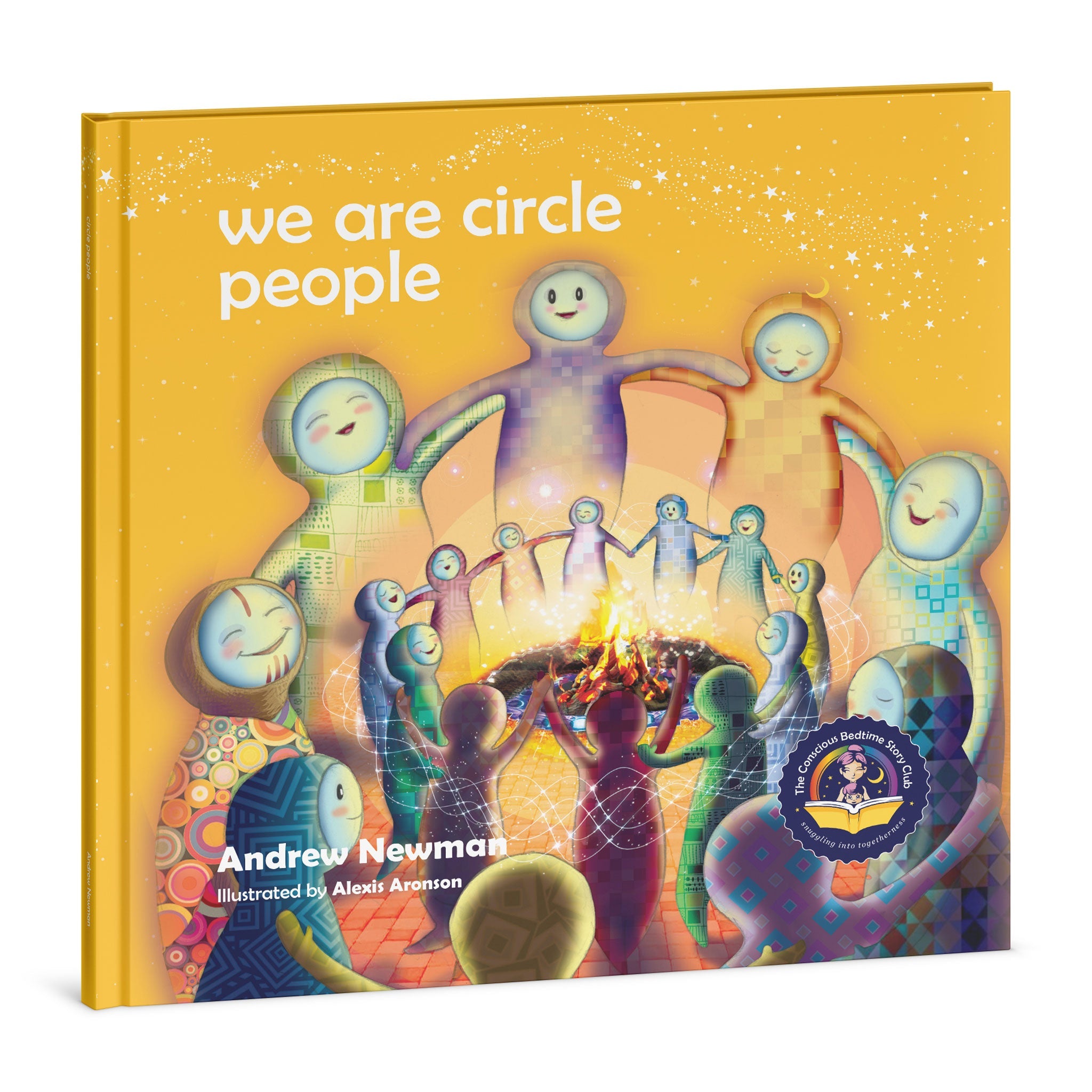 Book cover of 'we are circle people' with colorful illustration of people around a campfire.