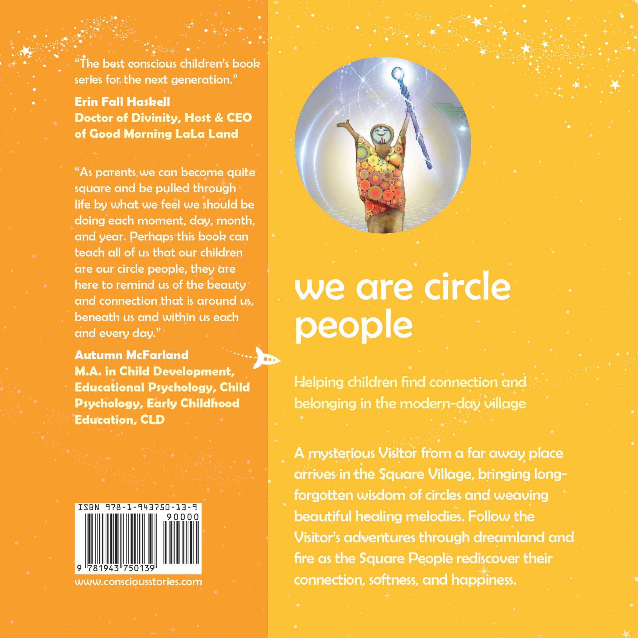 Book back cover with text and a circular illustration of a person with colorful hair on a yellow background.