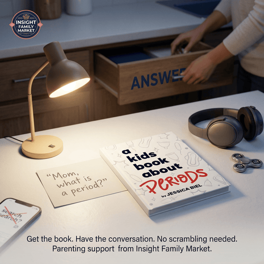 A kids book about periods on a desk with headphones, lamp, and note asking about periods.