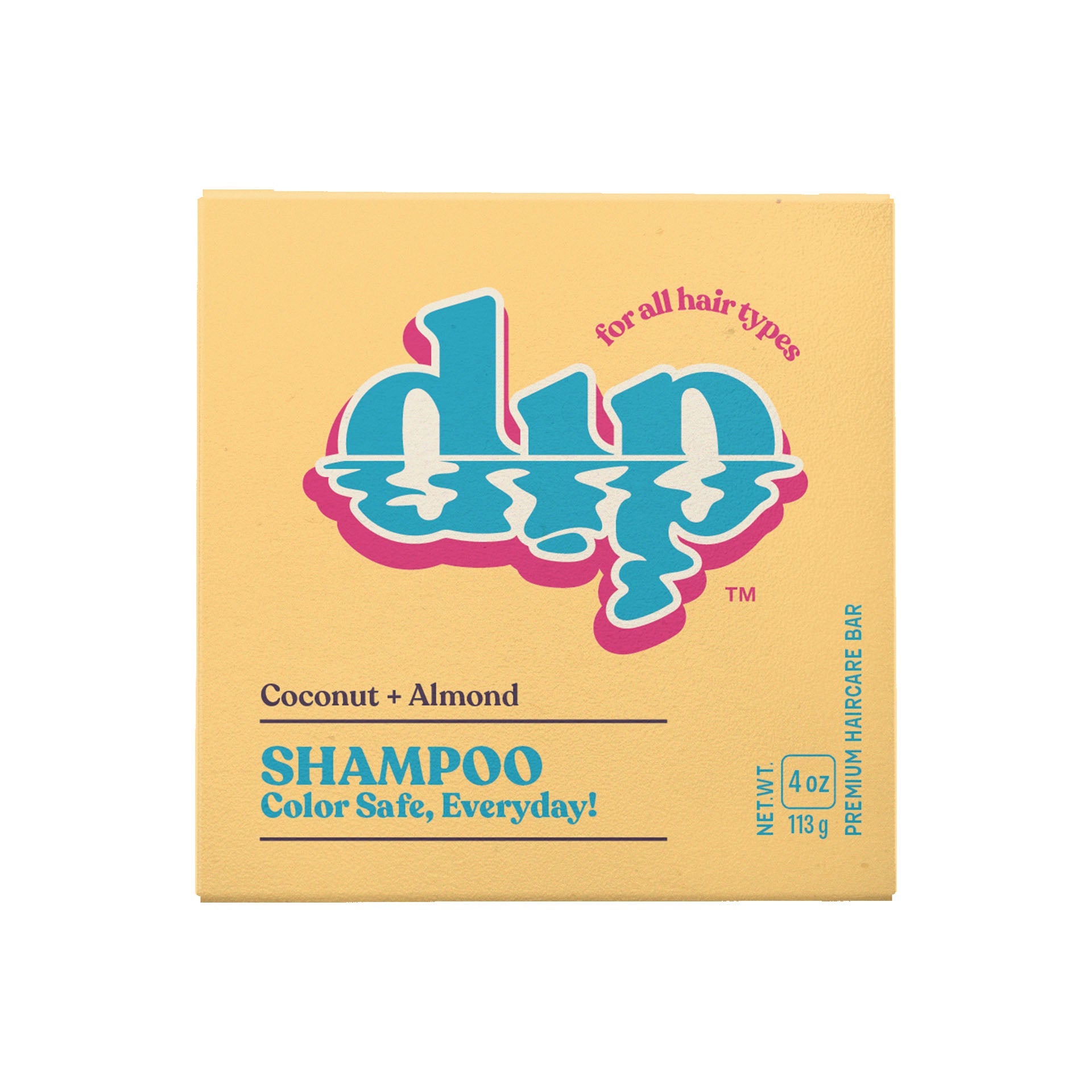 Shampoo bar packaging with 'dn dip' branding on a yellow background