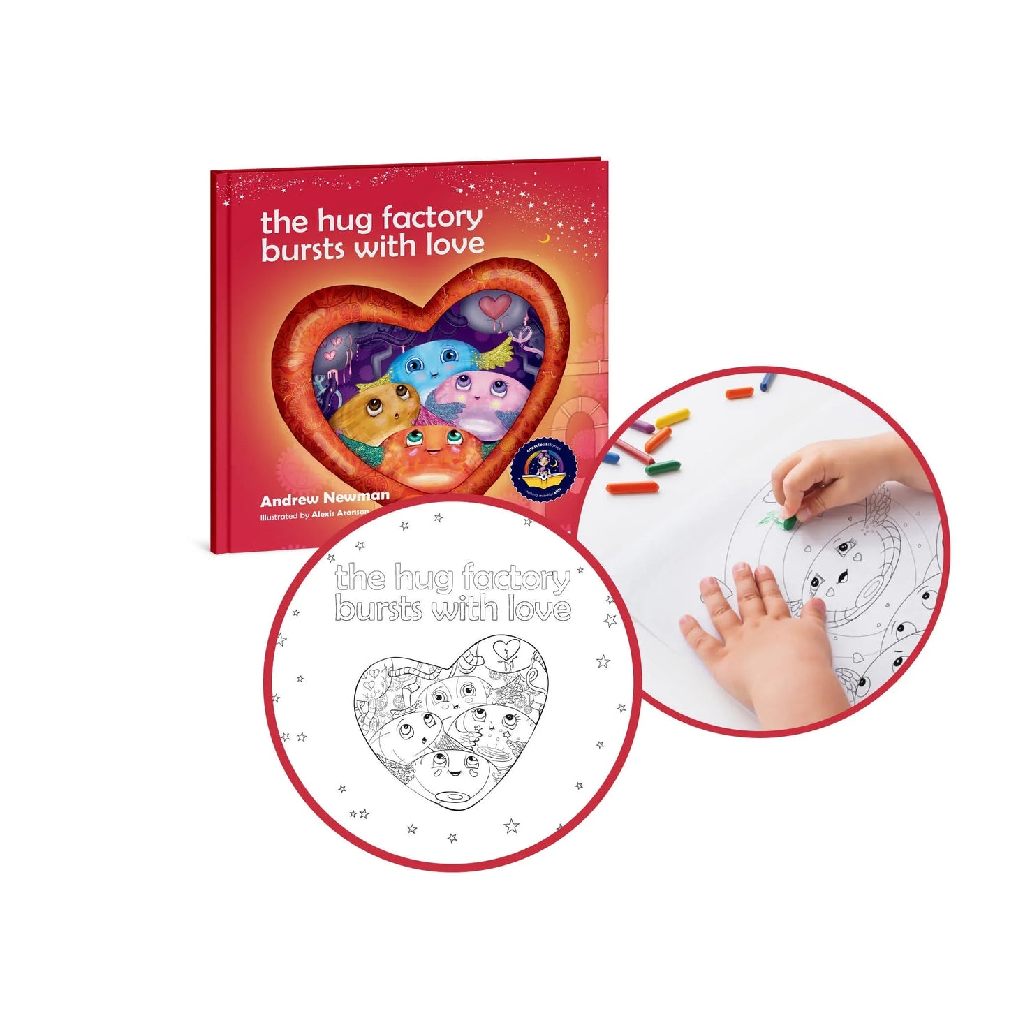 Children's book 'The Hug Factory Bursts With Love' with coloring page and child coloring