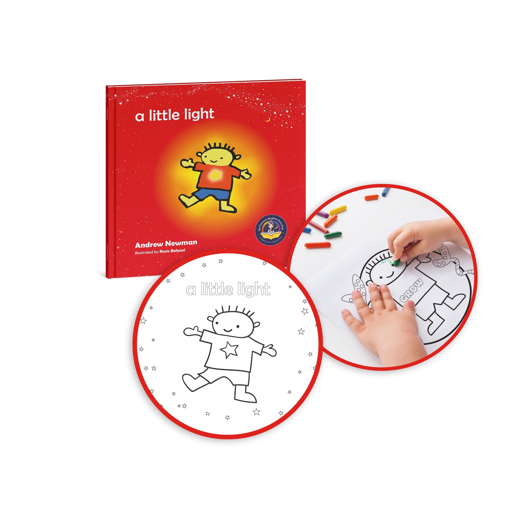 Children's book titled 'a little light' with a coloring page and child's hand coloring.