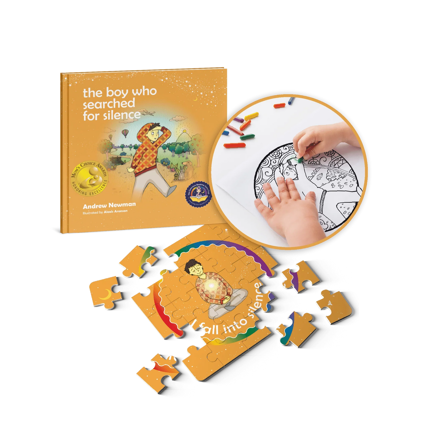 Children's mindfulness activity set with 'The Boy Who Searched for Silence' book, puzzle, and coloring page.