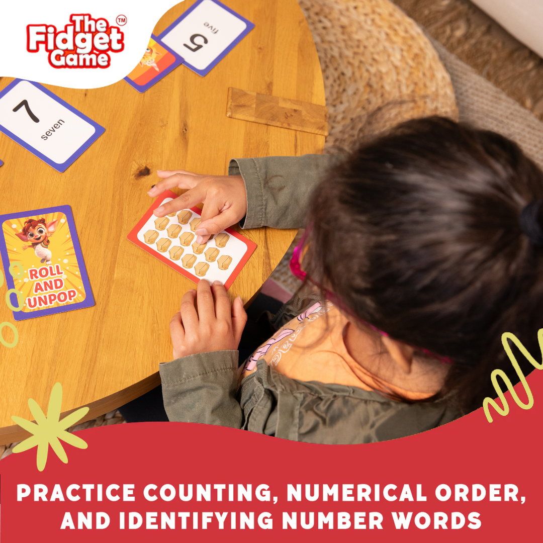 Child playing 'The Fidget Game' with cards on a wooden table