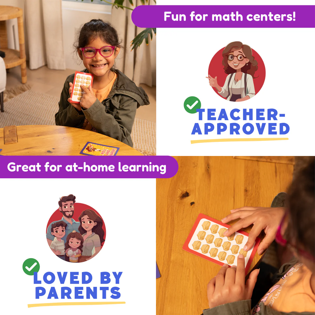 Children engaging with educational math materials at home, with text indicating 'Fun for math centers', 'Teacher-approved', and 'Loved by parents'.