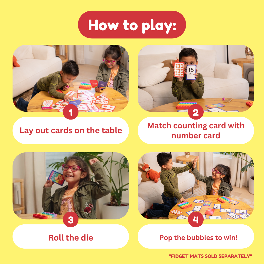 Instructions for a children's game with numbered cards and a die on a yellow background