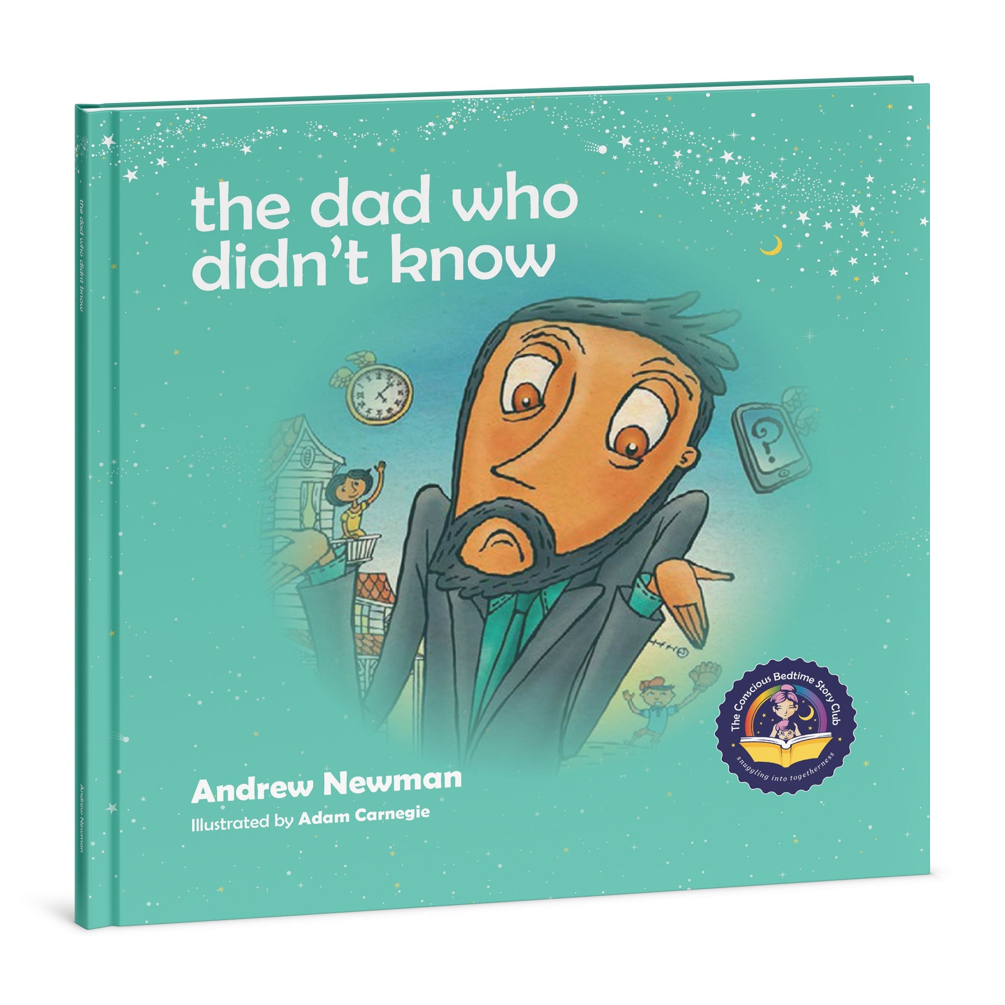 Book titled 'the dad who didn't know' with a teal cover featuring an illustration of a father and child.