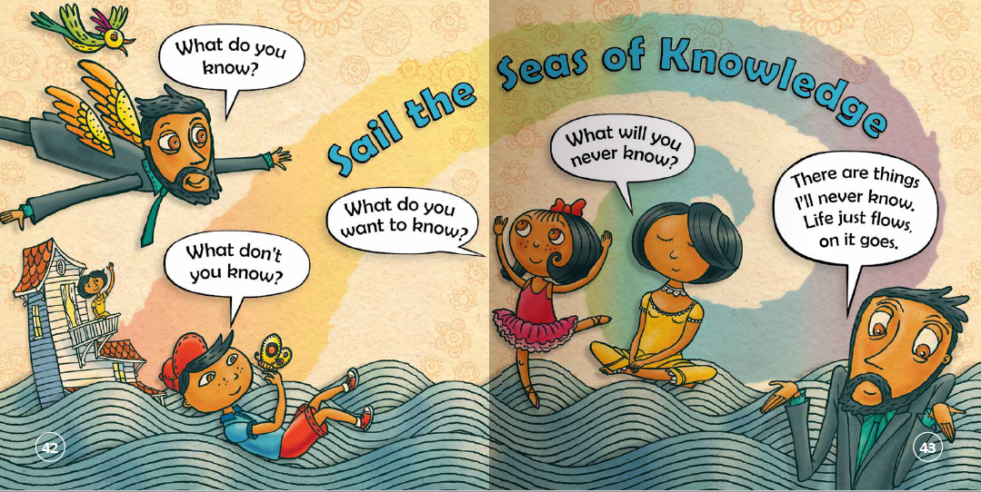 Comic book panels with characters on a boat and in the water, discussing knowledge.