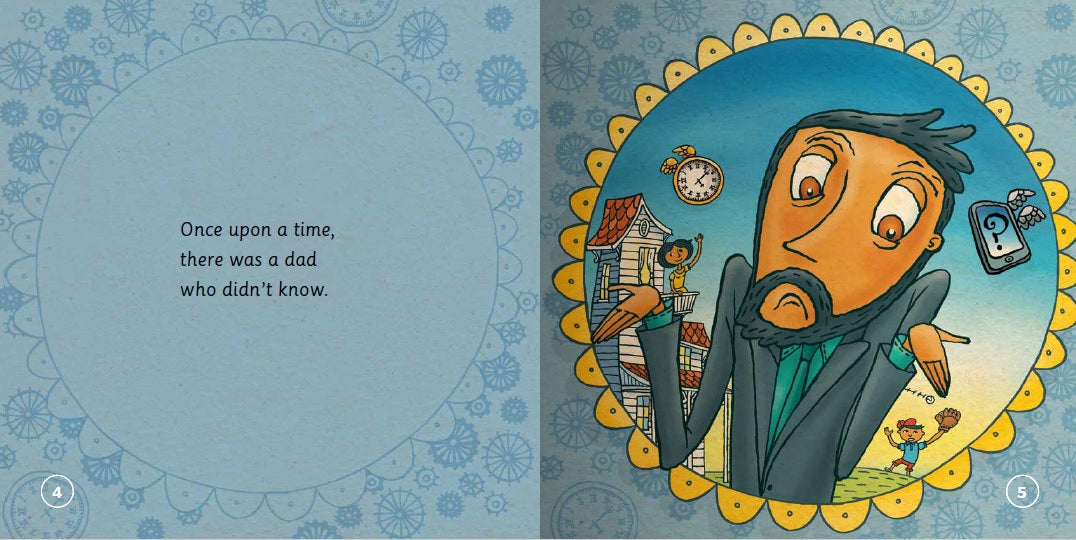 Illustrated book page with a dad character and text on a blue background
