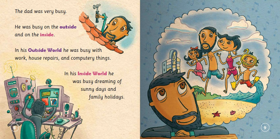 Illustrated book pages showing a father in different worlds with children playing on the beach.