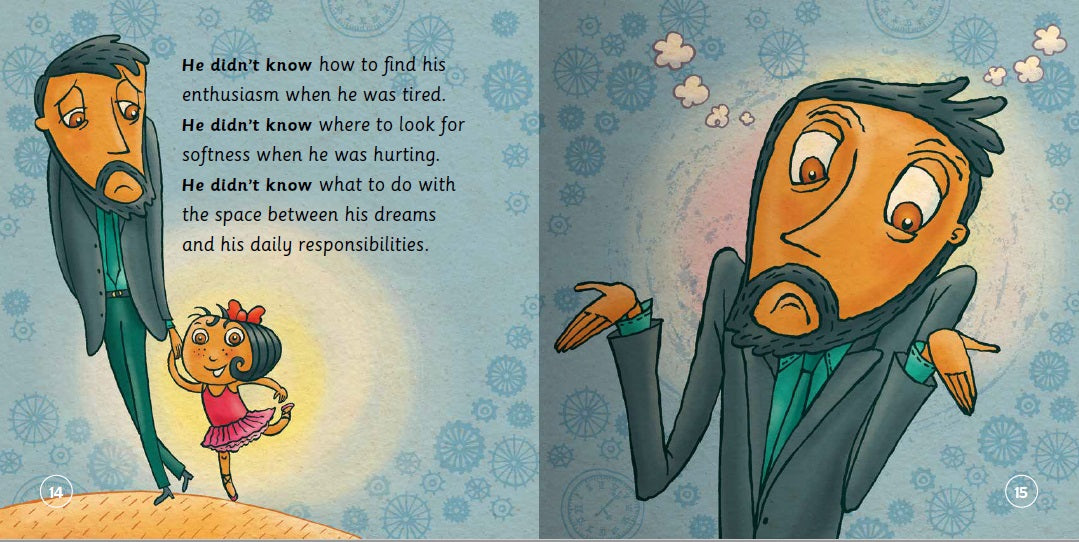 Illustration of a father and daughter with text about finding enthusiasm and softness.
