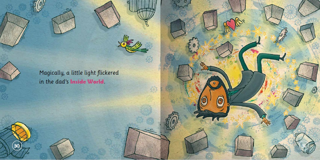 Illustrated book page with a character falling through a world of boxes and floating objects.