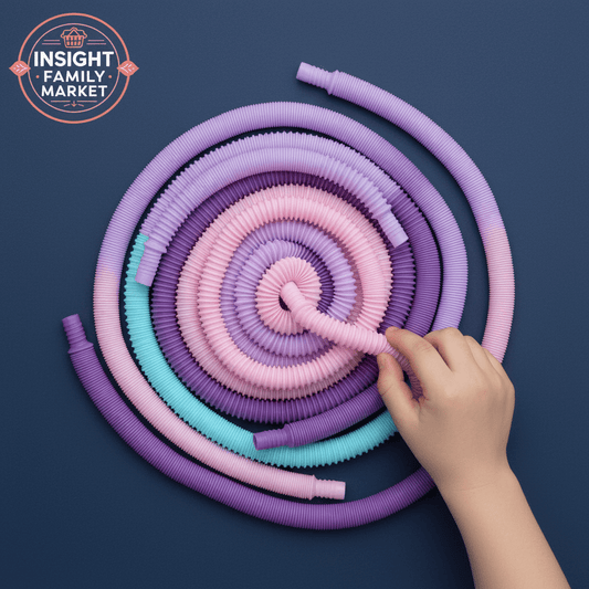 Child's hand playing with colorful sensory pop tubes for ADHD or autism support