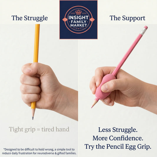 Child’s hand with tight pencil grip vs. ergonomic pencil grip aid for writing support.