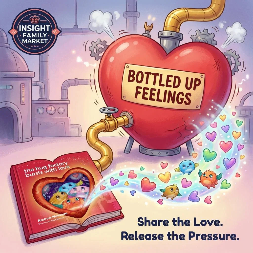 Illustration of a heart-shaped tank labeled 'bottled up feelings' releasing colorful hearts and characters from a children's book about expressing emotions.