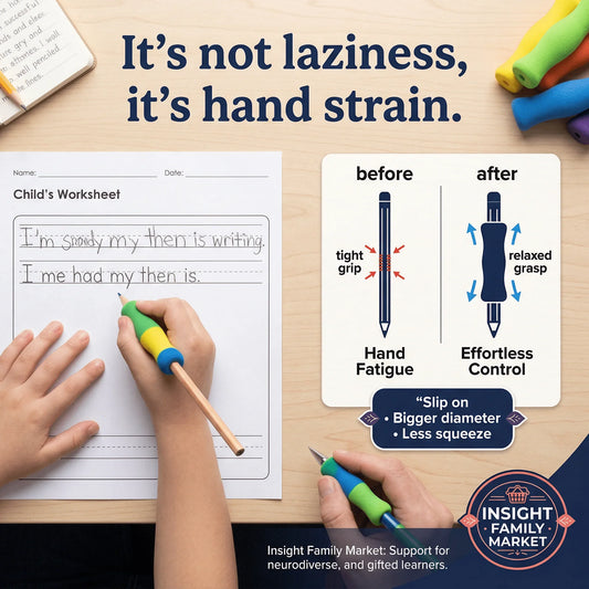 Child uses pencil grip aid for easier handwriting, reducing hand strain and boosting focus.