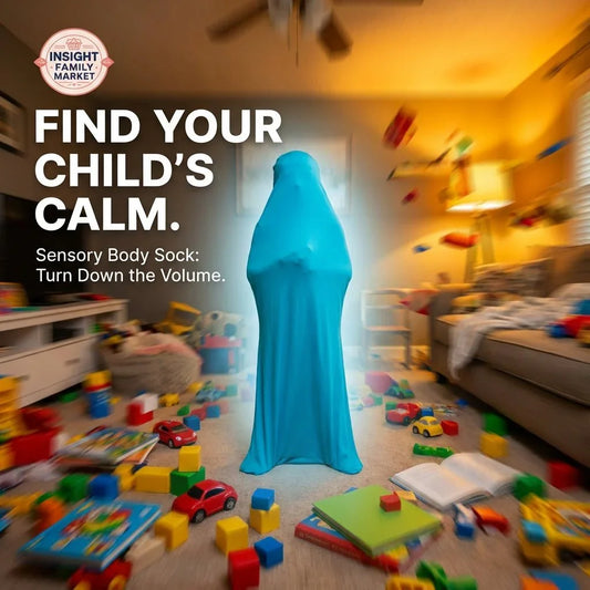 Child in blue sensory body sock standing in a colorful, toy-filled living room for calming support.