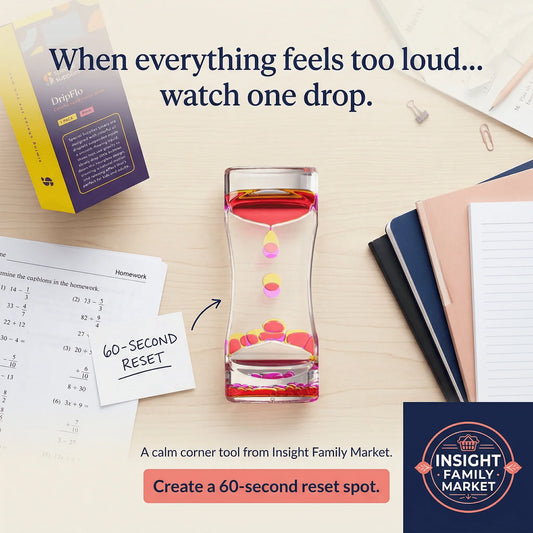 Sensory liquid timer on desk with homework and notebooks, promoting 60-second calm reset tool.