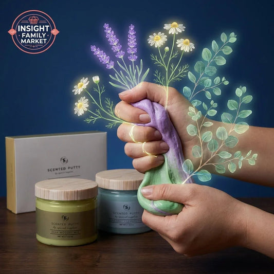 Hands squeezing lavender and green scented sensory putty with calming herbal illustrations, jars nearby.