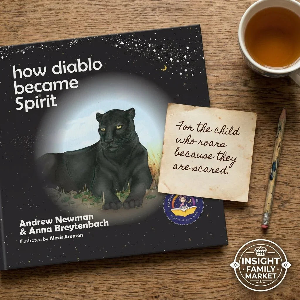 Children's book 'How Diablo Became Spirit' with black panther cover, cozy tea and pencil.