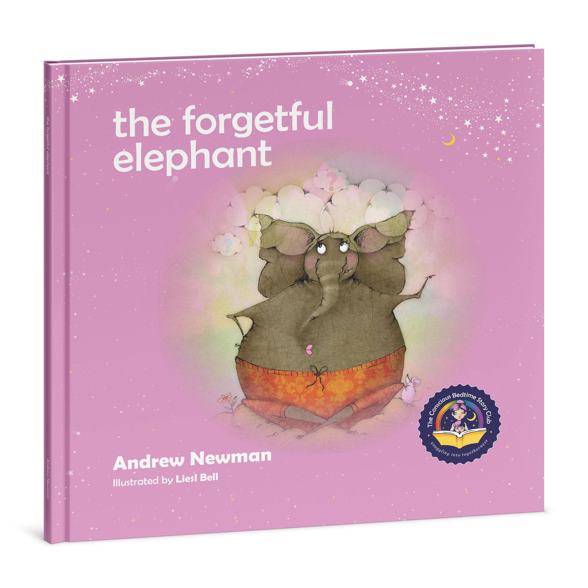 Book titled 'the forgetful elephant' with an illustration of an elephant on a pink background