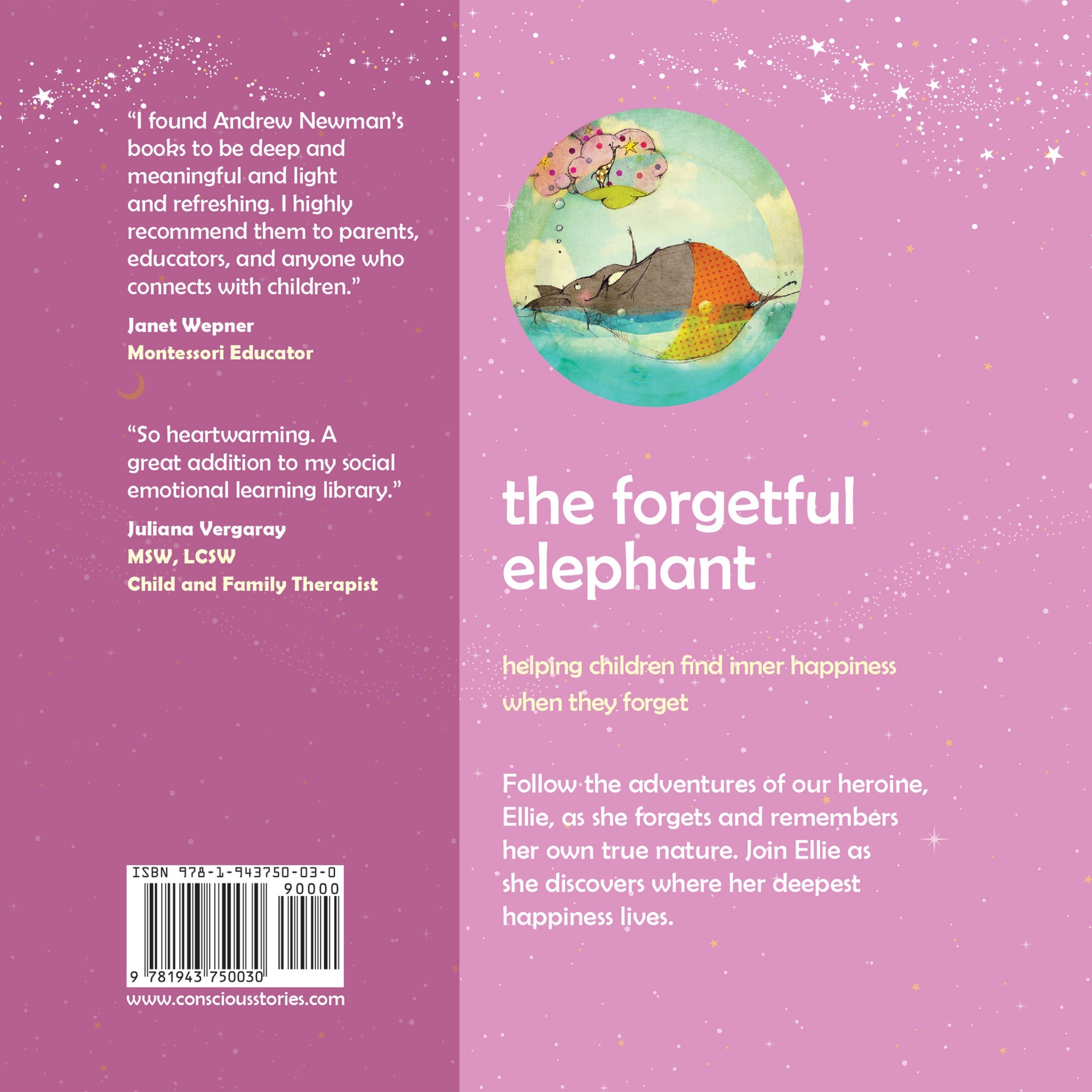 Back cover of a book titled 'the forgetful elephant' with text and a barcode on a pink background.