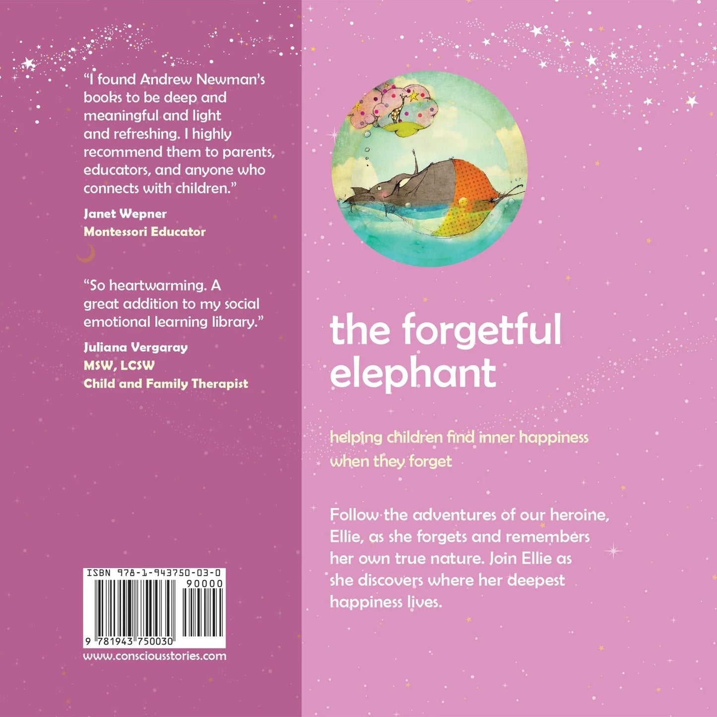Back cover of 'The Forgetful Elephant' children’s book with pastel illustration and testimonials.