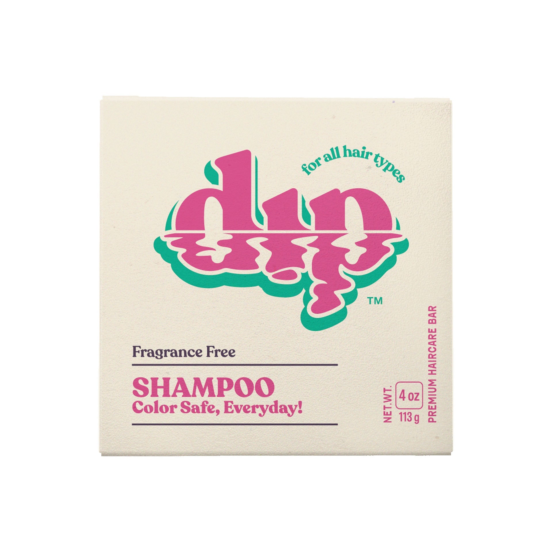 Bar of shampoo packaging with 'dun' branding on a beige background