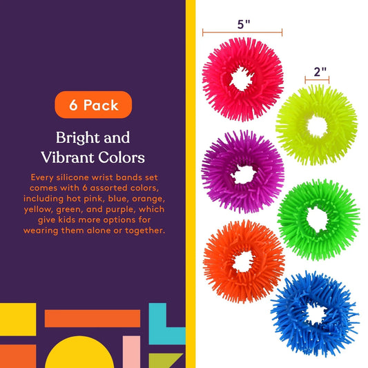 Six colorful sensory silicone wristbands with soft spikes, ideal for tactile input and fidget use.