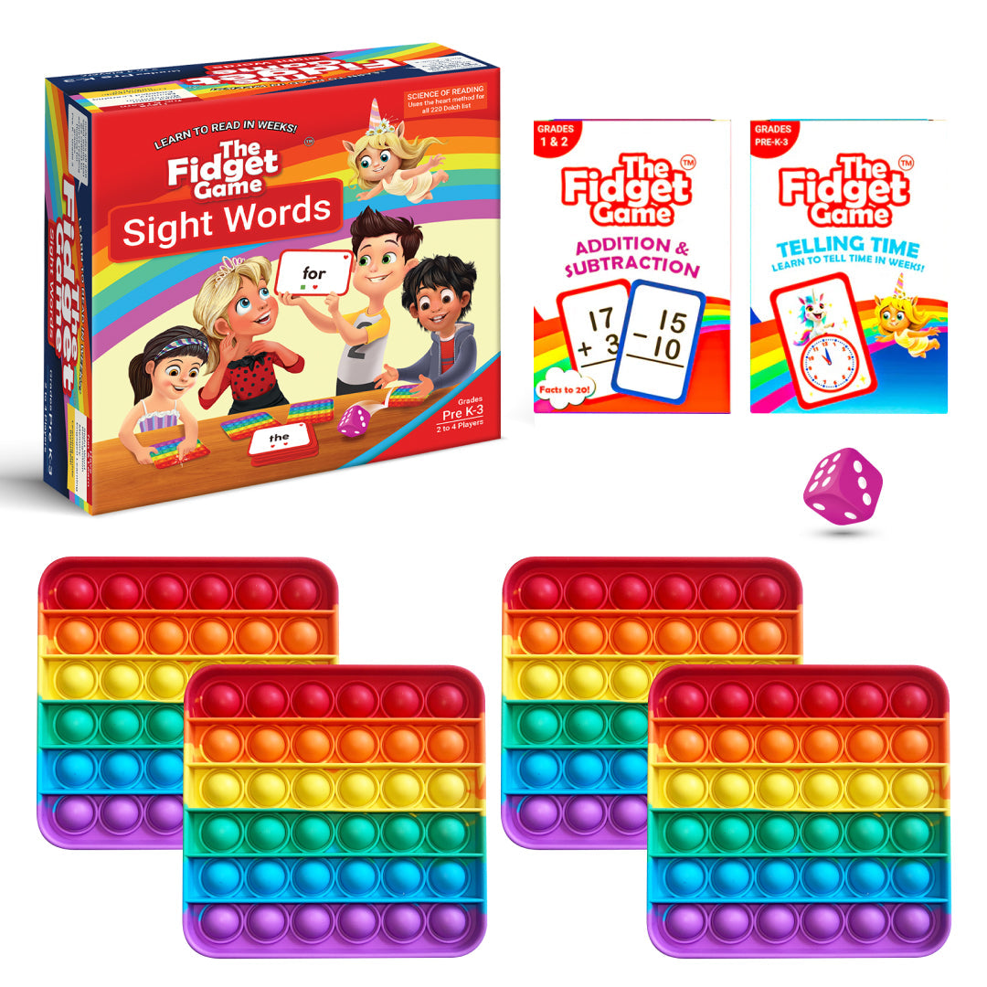 Fidget game set with colorful pop-it toys and educational cards on a white background