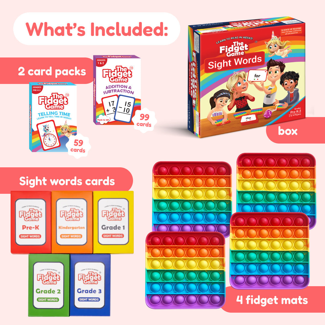 Fidget game set with card packs, pop-it toys, and sight words cards on a pink background