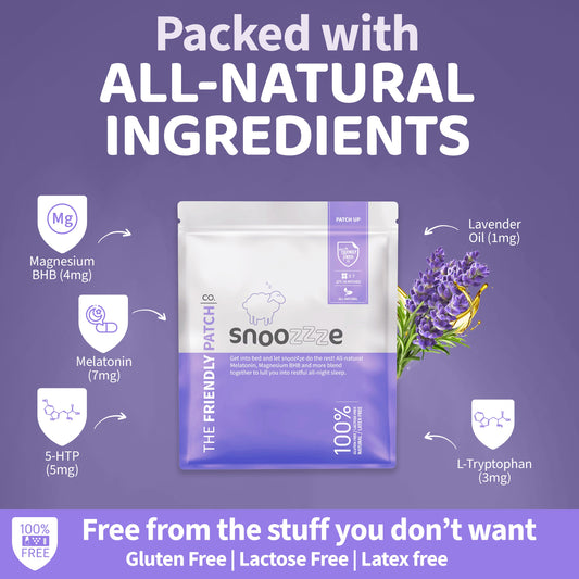 Snooze patch packaging with natural ingredients on a purple background