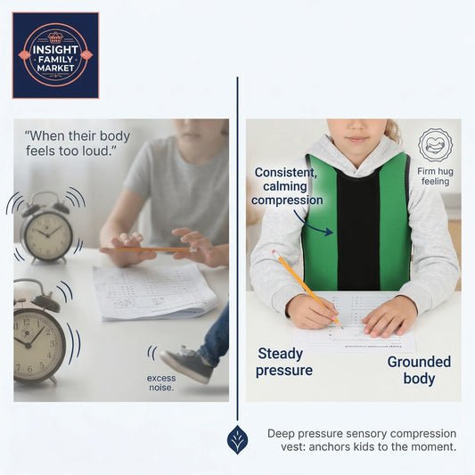 Child wearing green sensory compression vest for deep pressure, calming focus during study