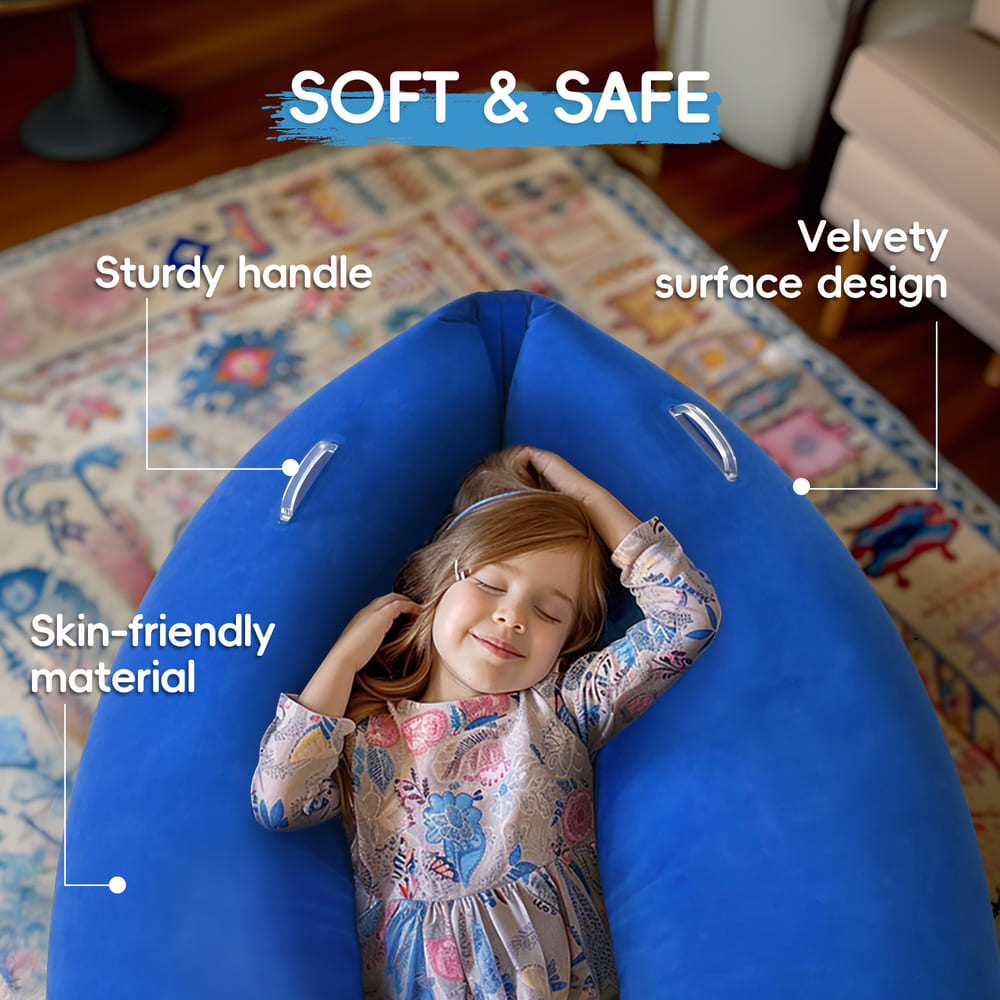 Child lying on a blue inflatable seat with text highlighting features like 'Sturdy handle', 'Velvety surface design', and 'Skin-friendly material'.