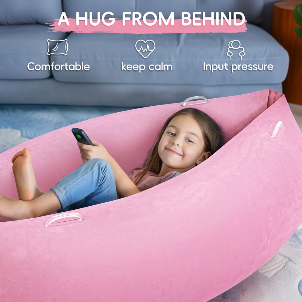 Child lying in a pink inflatable bean bag with text about comfort and pressure relief.