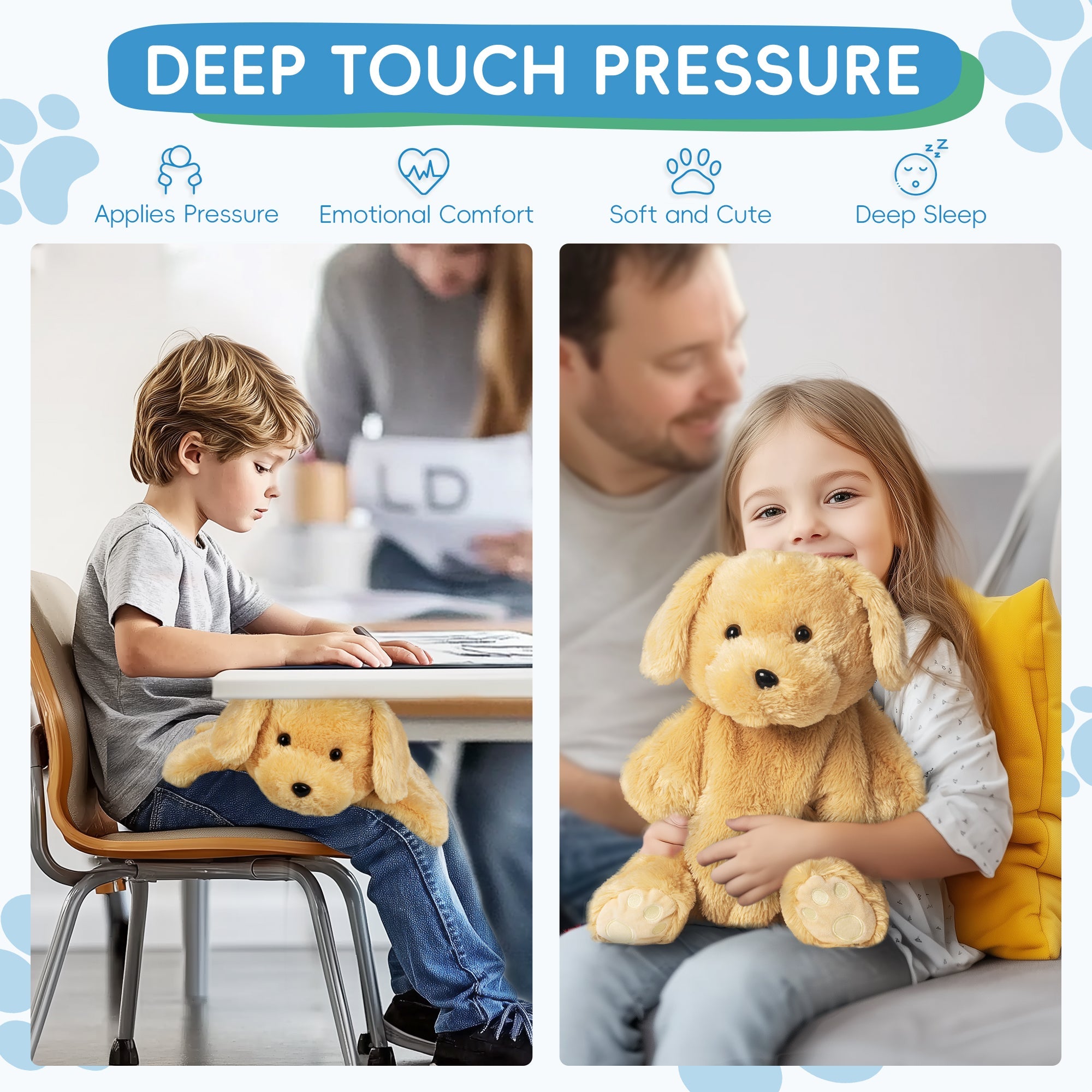 Children using a plush toy with text 'Deep Touch Pressure' describing its benefits.