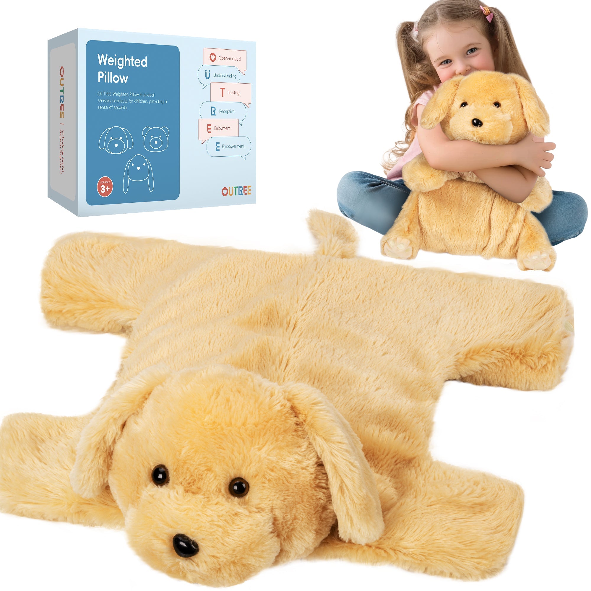 Large plush dog toy with a child holding it, and a weighted pillow packaging in the background.