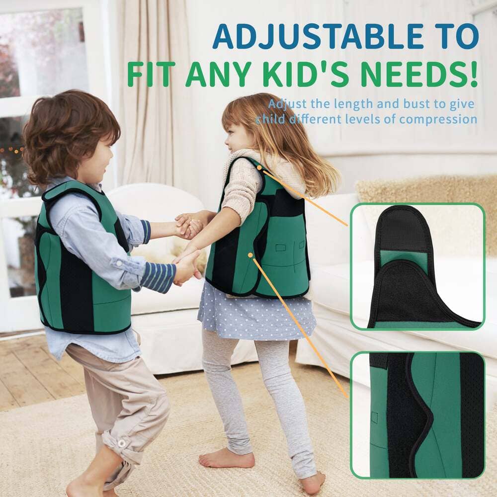 Two children wearing green vests with text indicating adjustability for various needs, set against a home interior background.