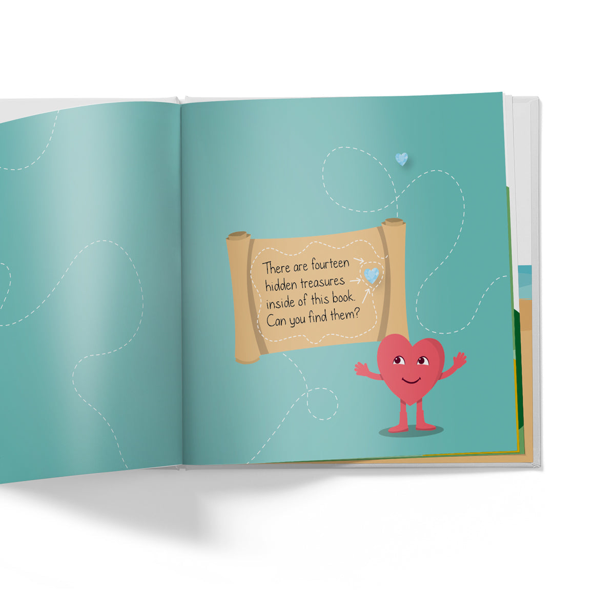 Open book with a cartoon heart character and treasure hunt message on a teal background