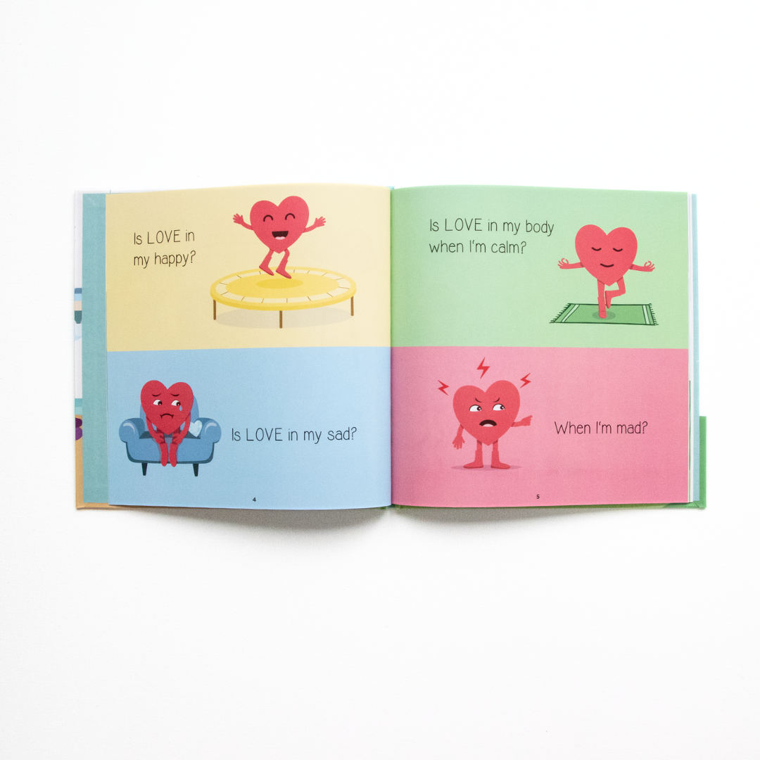 Open book with heart-shaped character illustrations and text on a white background