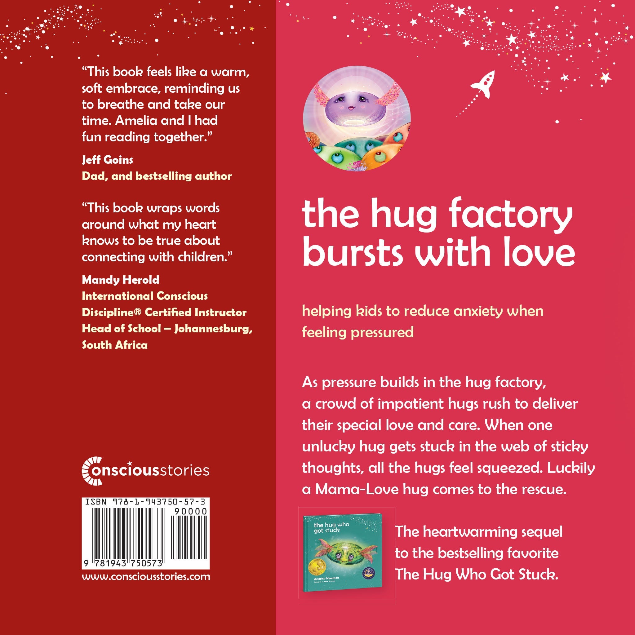 Back cover of a book titled 'The Hug Factory' with text and a barcode on a red background.